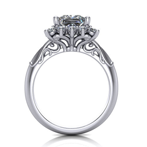 Serenity princess halo engagement ring in 14K White Gold, through-finger front profile showing the filigree scrollwork gallery