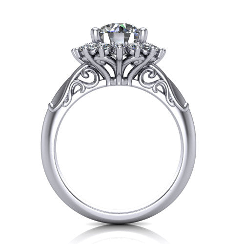 Serenity round halo engagement ring in Platinum, through-finger front profile showing the filigree scrollwork gallery