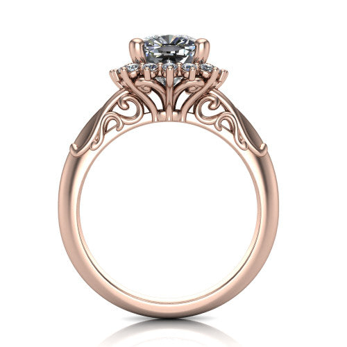 Serenity cushion halo engagement ring in 14K Rose Gold, through-finger front profile showing the filigree scrollwork gallery