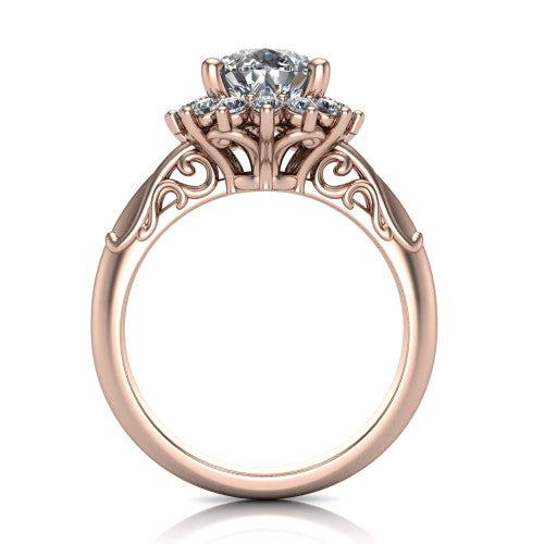 Serenity pear halo engagement ring in 14K Rose Gold, through-finger front profile showing the filigree scrollwork gallery