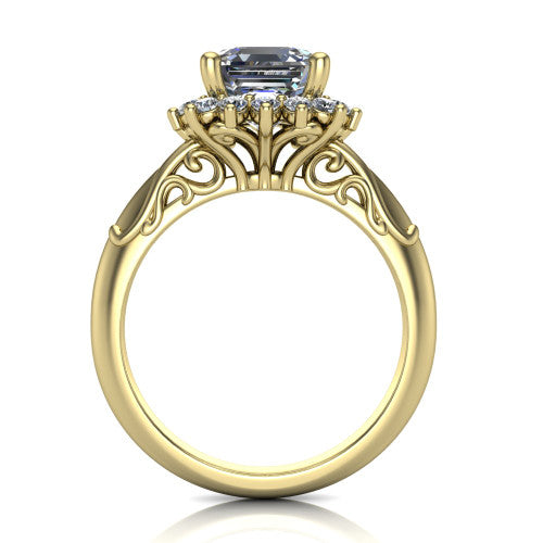 Serenity square emerald halo engagement ring in 14K Yellow Gold, through-finger front profile showing the filigree scrollwork gallery