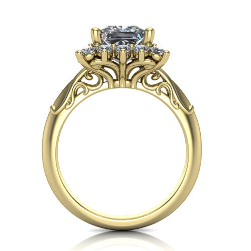 Serenity princess halo engagement ring in 14K Yellow Gold, through-finger front profile showing the filigree scrollwork gallery