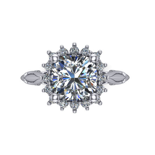 Serenity cushion halo engagement ring in 14K White Gold, top-down view showing the floral halo and marquise bezel side accents