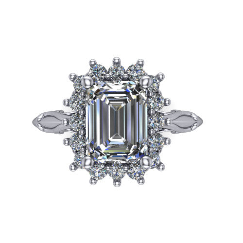 Serenity emerald halo engagement ring in Platinum, top-down view showing the floral halo and marquise bezel side accents