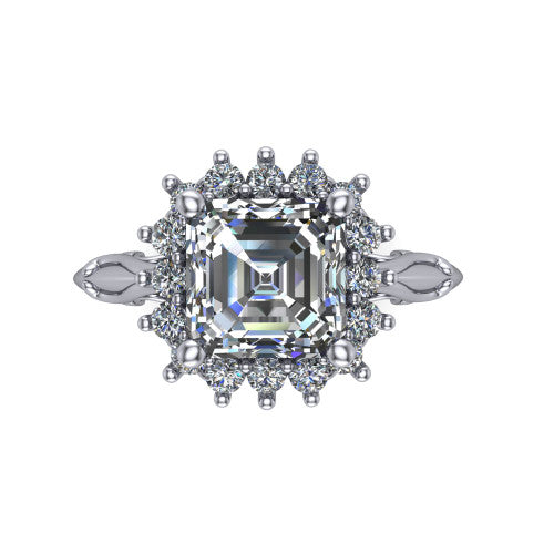 Serenity square emerald halo engagement ring in Platinum, top-down view showing the floral halo and marquise bezel side accents