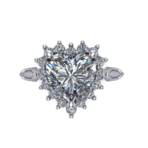Serenity heart halo engagement ring in 14K White Gold, top-down view showing the floral halo and marquise bezel side accents