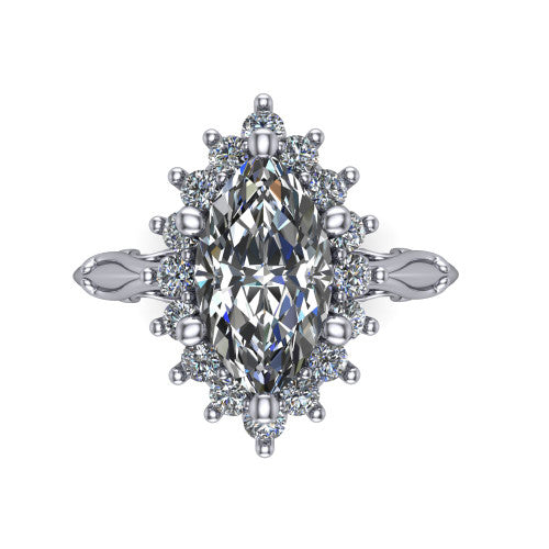 Serenity marquise halo engagement ring in 18K White Gold, top-down view showing the floral halo and marquise bezel side accents