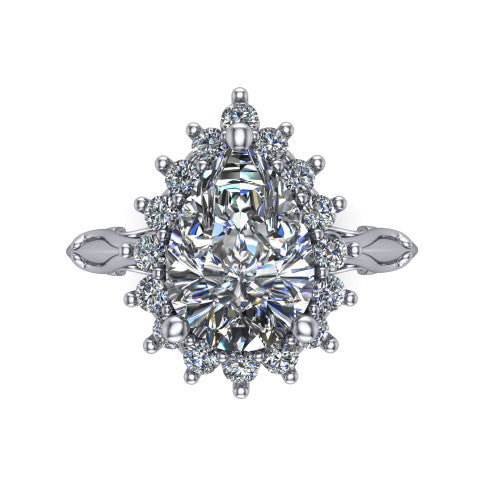Serenity pear halo engagement ring in Platinum, top-down view showing the floral halo and marquise bezel side accents