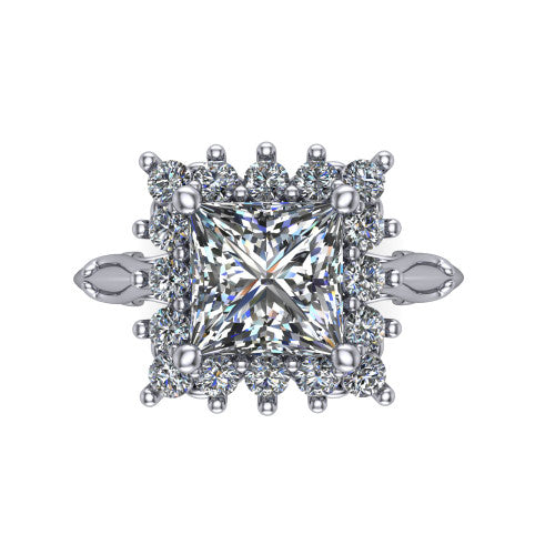 Serenity princess halo engagement ring in 18K White Gold, top-down view showing the floral halo and marquise bezel side accents