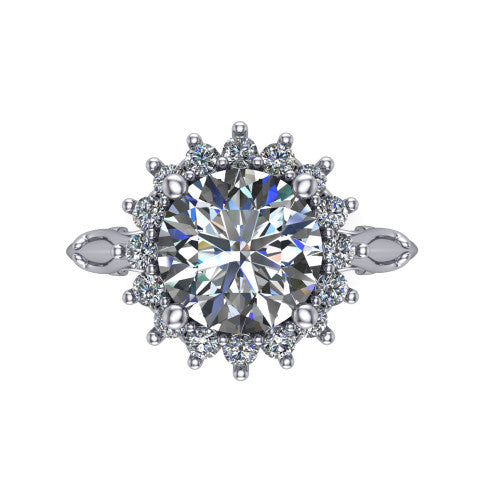 Serenity round halo engagement ring in Platinum, top-down view showing the floral halo and marquise bezel side accents
