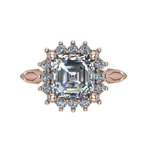 Serenity square emerald halo engagement ring in 18K Rose Gold, top-down view showing the floral halo and marquise bezel side accents