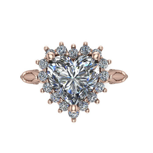Serenity heart halo engagement ring in 14K Rose Gold, top-down view showing the floral halo and marquise bezel side accents