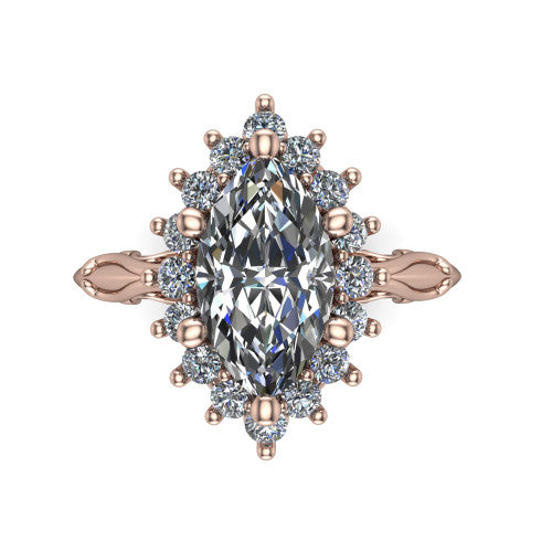 Serenity marquise halo engagement ring in 18K Rose Gold, top-down view showing the floral halo and marquise bezel side accents