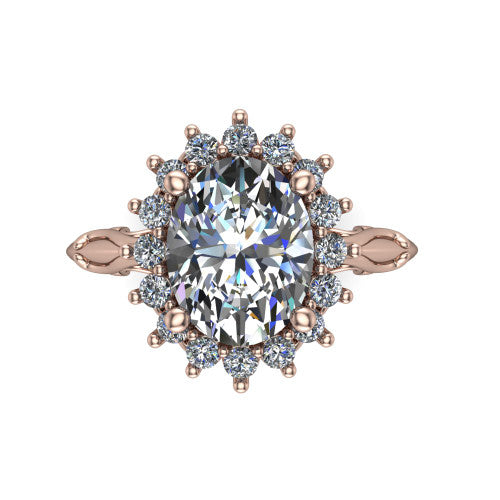 Serenity oval halo engagement ring in 18K Rose Gold, top-down view showing the floral halo and marquise bezel side accents