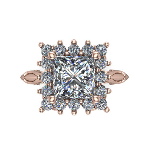 Serenity princess halo engagement ring in 14K Rose Gold, top-down view showing the floral halo and marquise bezel side accents