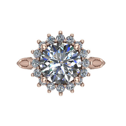 Serenity round halo engagement ring in 18K Rose Gold, top-down view showing the floral halo and marquise bezel side accents