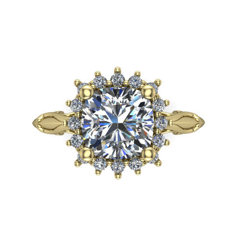 Serenity cushion halo engagement ring in 18K Yellow Gold, top-down view showing the floral halo and marquise bezel side accents