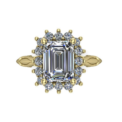 Serenity emerald halo engagement ring in 18K Yellow Gold, top-down view showing the floral halo and marquise bezel side accents