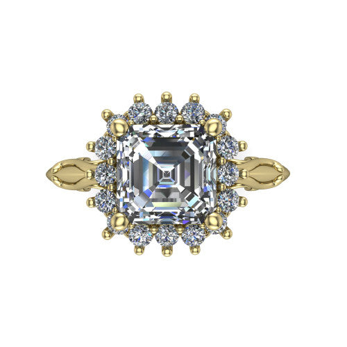 Serenity square emerald halo engagement ring in 14K Yellow Gold, top-down view showing the floral halo and marquise bezel side accents