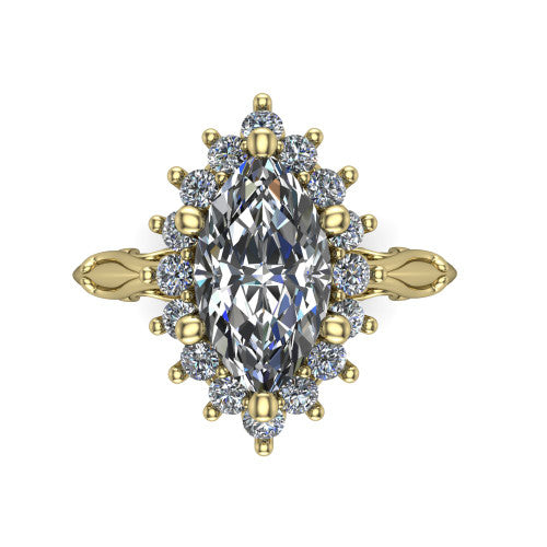 Serenity marquise halo engagement ring in 14K Yellow Gold, top-down view showing the floral halo and marquise bezel side accents