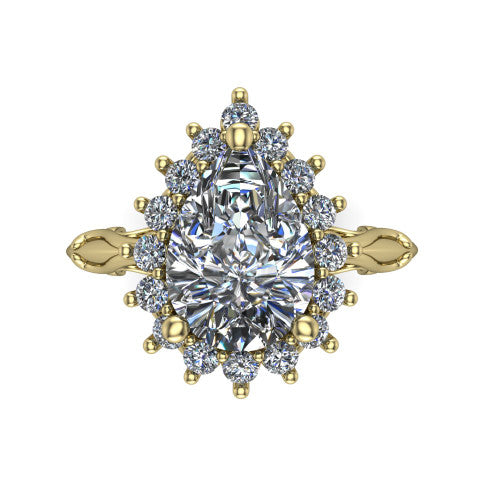 Serenity pear halo engagement ring in 14K Yellow Gold, top-down view showing the floral halo and marquise bezel side accents