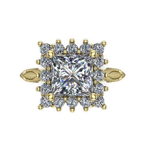 Serenity princess halo engagement ring in 14K Yellow Gold, top-down view showing the floral halo and marquise bezel side accents