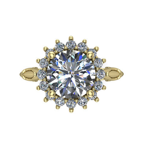 Serenity round halo engagement ring in 18K Yellow Gold, top-down view showing the floral halo and marquise bezel side accents