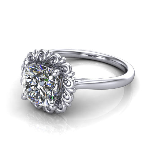 Naomi cushion solitaire engagement ring in 18K White Gold with vintage floral filigree frame, three-quarter perspective view