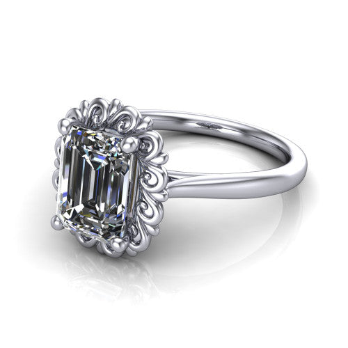 Naomi emerald solitaire engagement ring in Platinum with vintage floral filigree frame, three-quarter perspective view