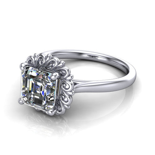 Naomi asscher solitaire engagement ring in 14K White Gold with vintage floral filigree frame, three-quarter perspective view
