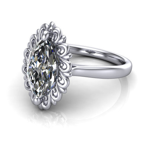 Naomi marquise solitaire engagement ring in 18K White Gold with vintage floral filigree frame, three-quarter perspective view