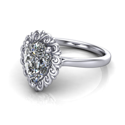Naomi pear solitaire engagement ring in Platinum with vintage floral filigree frame, three-quarter perspective view