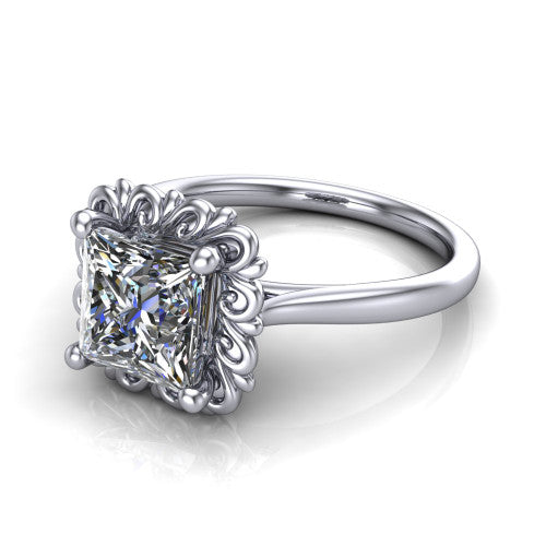 Naomi princess solitaire engagement ring in 18K White Gold with vintage floral filigree frame, three-quarter perspective view