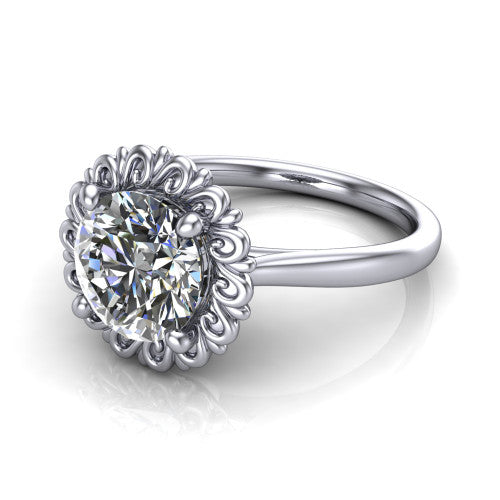 Naomi round solitaire engagement ring in 18K White Gold with vintage floral filigree frame, three-quarter perspective view