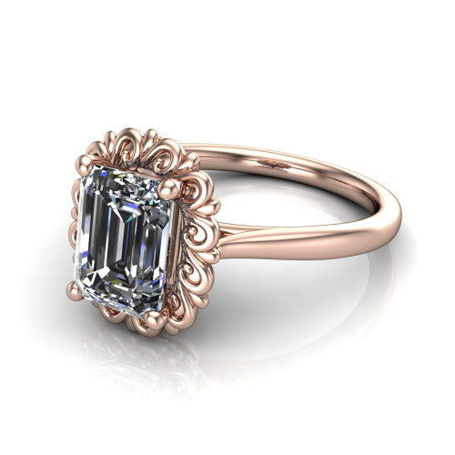 Naomi emerald solitaire engagement ring in 18K Rose Gold with vintage floral filigree frame, three-quarter perspective view