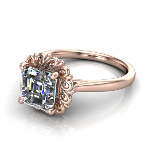 Naomi asscher solitaire engagement ring in 14K Rose Gold with vintage floral filigree frame, three-quarter perspective view