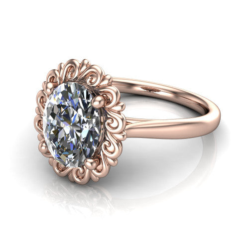 Naomi oval solitaire engagement ring in 14K Rose Gold with vintage floral filigree frame, three-quarter perspective view