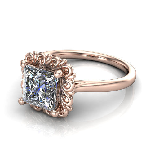 Naomi princess solitaire engagement ring in 14K Rose Gold with vintage floral filigree frame, three-quarter perspective view