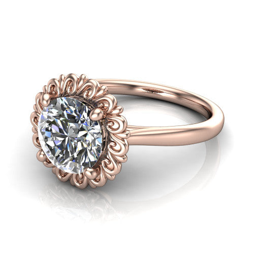 Naomi round solitaire engagement ring in 18K Rose Gold with vintage floral filigree frame, three-quarter perspective view