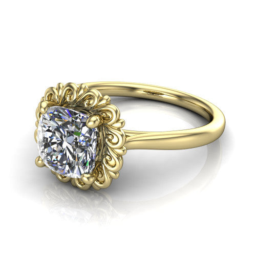 Naomi cushion solitaire engagement ring in 18K Yellow Gold with vintage floral filigree frame, three-quarter perspective view