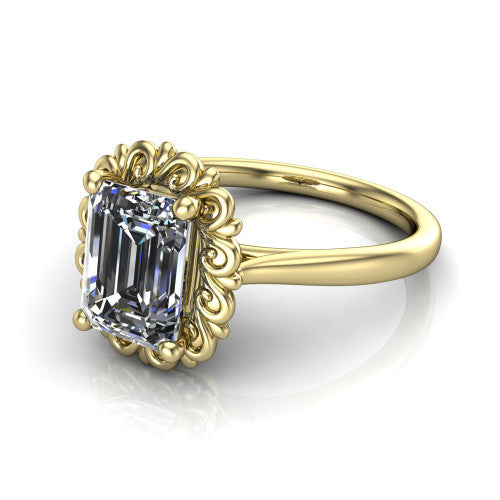 Naomi emerald solitaire engagement ring in 14K Yellow Gold with vintage floral filigree frame, three-quarter perspective view