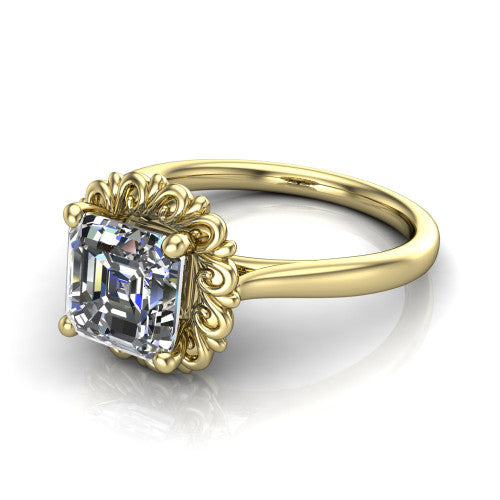 Naomi asscher solitaire engagement ring in 14K Yellow Gold with vintage floral filigree frame, three-quarter perspective view