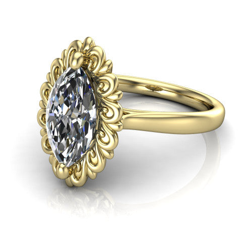 Naomi marquise solitaire engagement ring in 14K Yellow Gold with vintage floral filigree frame, three-quarter perspective view