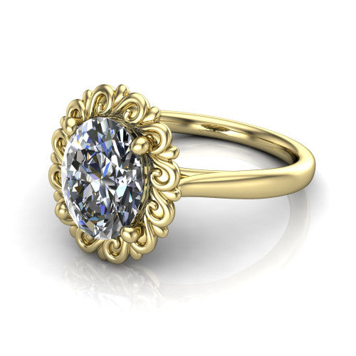 Naomi oval solitaire engagement ring in 14K Yellow Gold with vintage floral filigree frame, three-quarter perspective view