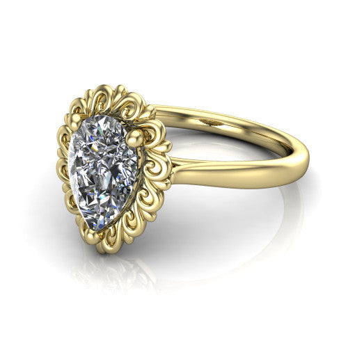 Naomi pear solitaire engagement ring in 18K Yellow Gold with vintage floral filigree frame, three-quarter perspective view