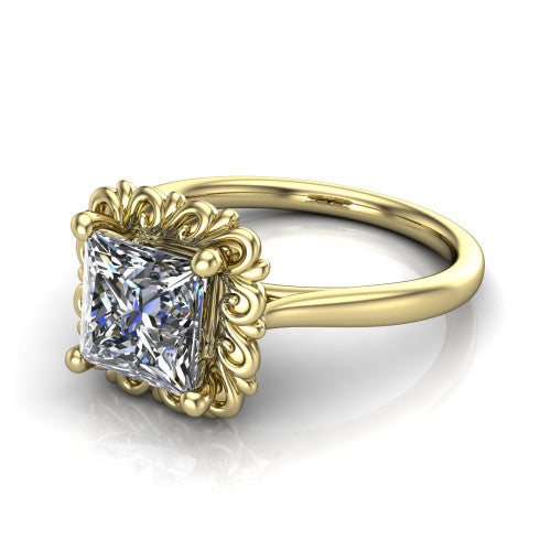 Naomi princess solitaire engagement ring in 14K Yellow Gold with vintage floral filigree frame, three-quarter perspective view