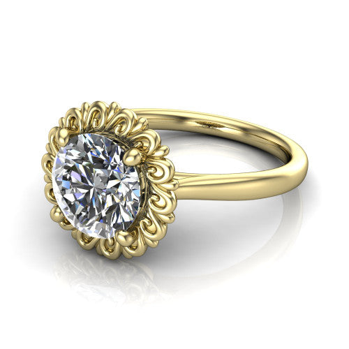 Naomi round solitaire engagement ring in 18K Yellow Gold with vintage floral filigree frame, three-quarter perspective view