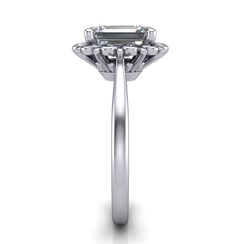 Naomi emerald solitaire engagement ring in 14K White Gold with vintage floral filigree frame, side profile showing the plain band and filigree gallery