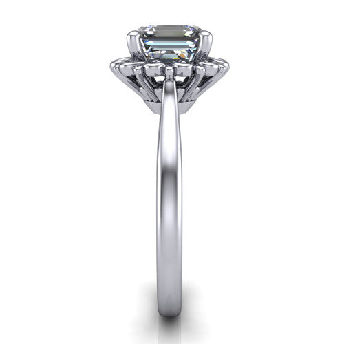 Naomi asscher solitaire engagement ring in 14K White Gold with vintage floral filigree frame, side profile showing the plain band and filigree gallery