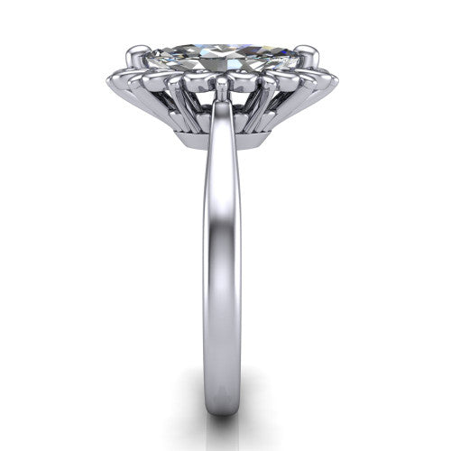 Naomi marquise solitaire engagement ring in 18K White Gold with vintage floral filigree frame, side profile showing the plain band and filigree gallery